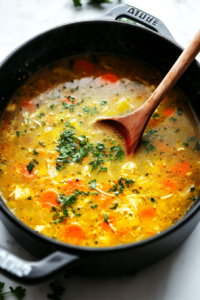 This image shows the soup gently simmering in a pot, with carrots, herbs, and vegan chicken floating in the flavorful broth.