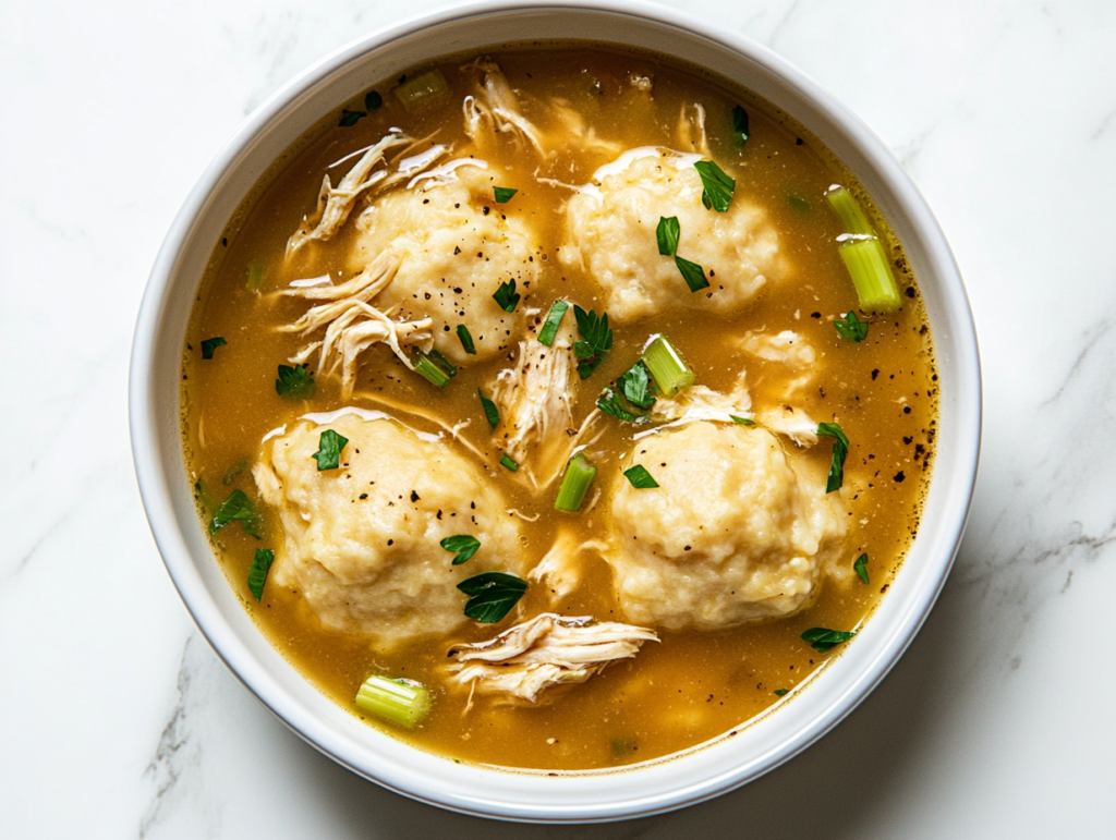 This image shows a comforting bowl of Southern Homemade Chicken and Dumplings, featuring tender shredded chicken, soft dumplings, and a creamy broth with onions, celery, and black pepper, served in a white bowl.