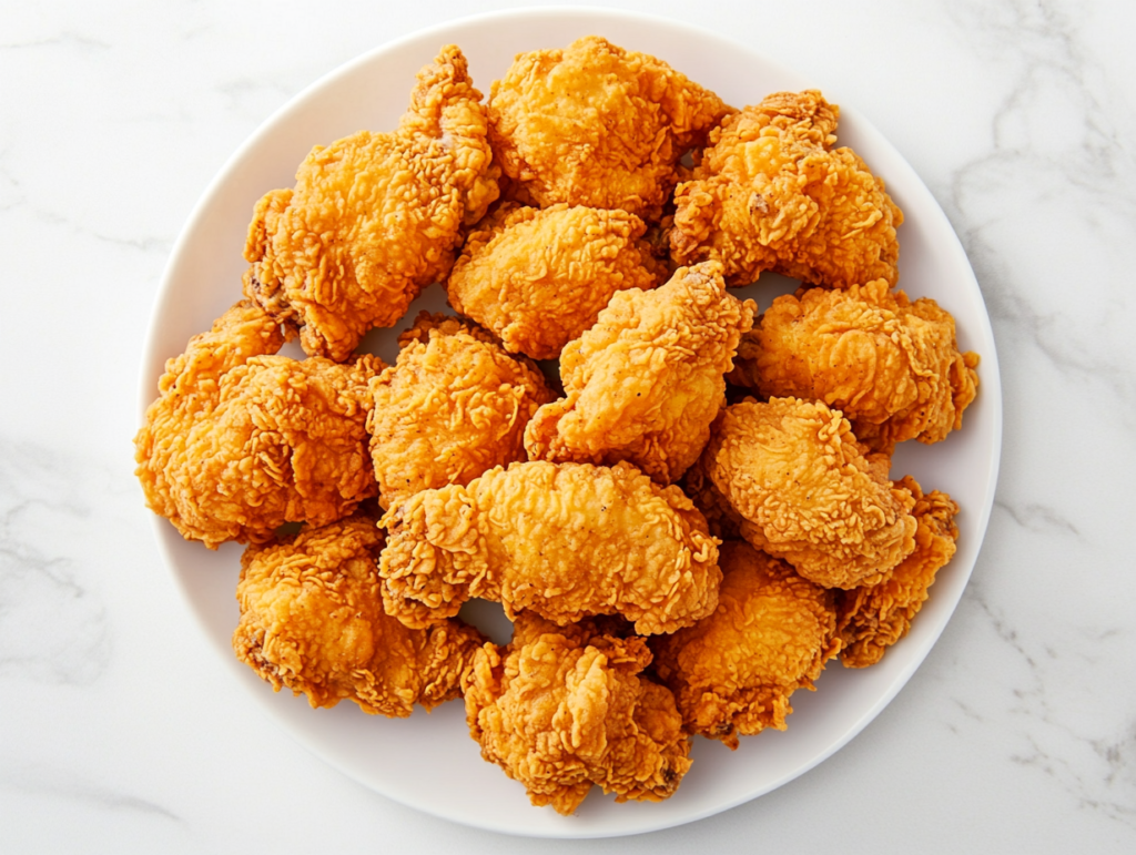 This image shows crispy, golden-brown Southern Fried Chicken served on a white round plate, perfectly fried to a crunchy finish.