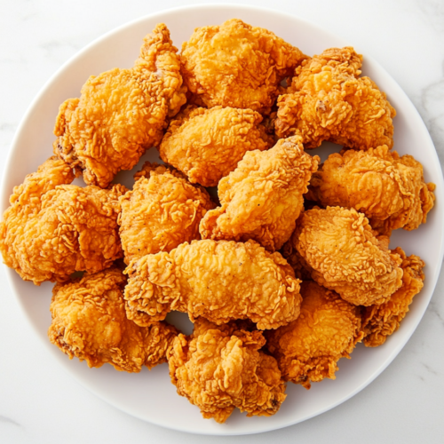 This image shows crispy, golden-brown Southern Fried Chicken served on a white round plate, perfectly fried to a crunchy finish.