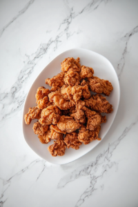 This image shows the final serving of Southern Fried Chicken, crispy and golden, arranged beautifully on a plate.