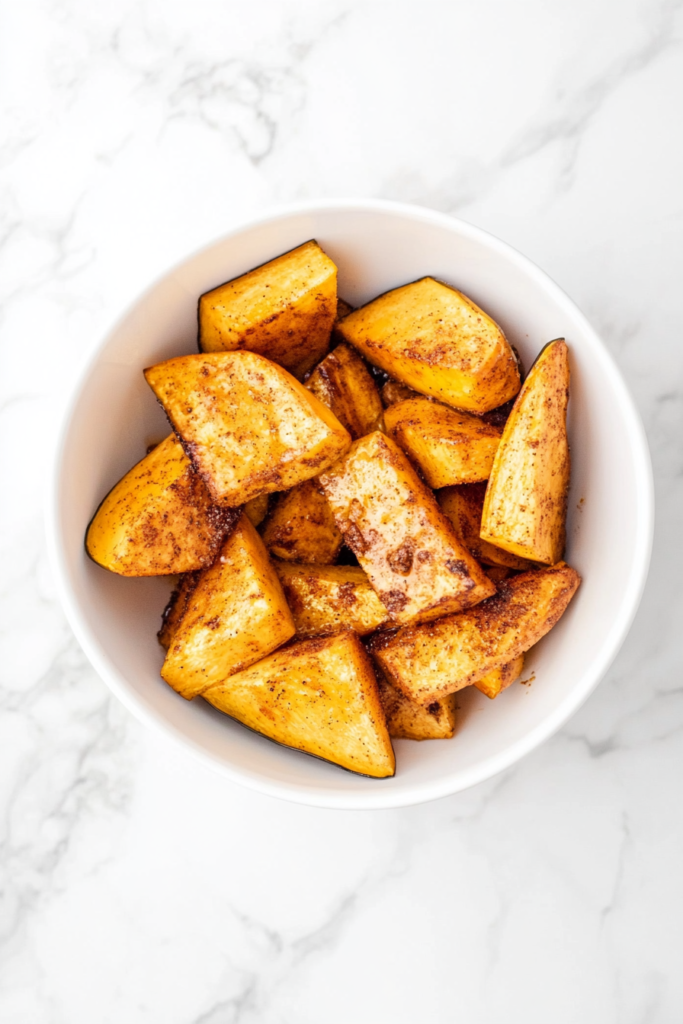 This image shows tender spiced acorn squash halves, roasted to perfection with a rich buttery flavor, neatly arranged in a white round bowl.