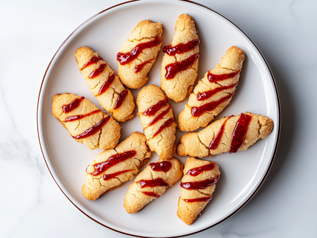 This image shows spooky witch finger cookies with a golden-brown finish, topped with almond "nails" and drizzled with red jam or decorating gel to create a bloody effect, making them a perfect Halloween treat.