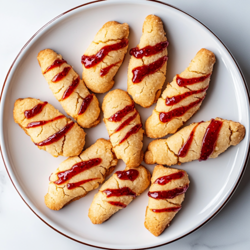 This image shows spooky witch finger cookies with a golden-brown finish, topped with almond "nails" and drizzled with red jam or decorating gel to create a bloody effect, making them a perfect Halloween treat.