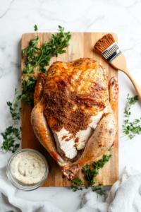 This image shows a turkey breast being coated with a thin layer of mayonnaise, followed by an even application of pastrami seasoning rub for enhanced flavor and moisture retention.