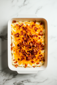 This image shows shredded cheese and crispy bacon bits being sprinkled over the mashed potatoes before the final baking step.