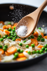 This image shows seasonings like salt, pepper, and herbs being sprinkled into the sautéed vegetables to enhance the dish's flavor.