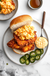 This image shows the Honey Pepper Pimento Chicken Sandwich being assembled, with crispy chicken, pimento cheese, and jalapeños stacked on a toasted bun.