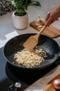 This image shows minced garlic being stirred into the sautéed onions, enhancing the aroma and depth of flavor for the stew.