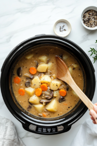 This image shows a spoon stirring the crockpot stew before serving, ensuring all the ingredients are well combined for a delicious, comforting meal.