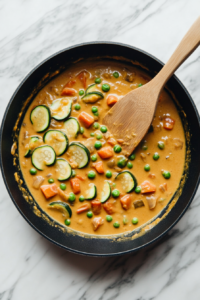 This image shows fresh zucchini slices and green peas being added to the simmering coconut curry sauce, bringing vibrant color and freshness to the dish.