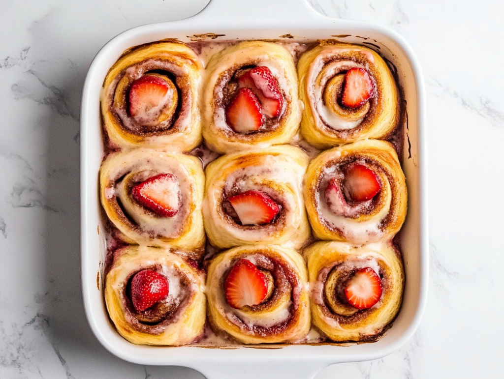 This image shows a dish of freshly baked Strawberry Cinnamon Rolls, topped with a rich cream cheese frosting and garnished with sliced strawberries for a delicious finishing touch.