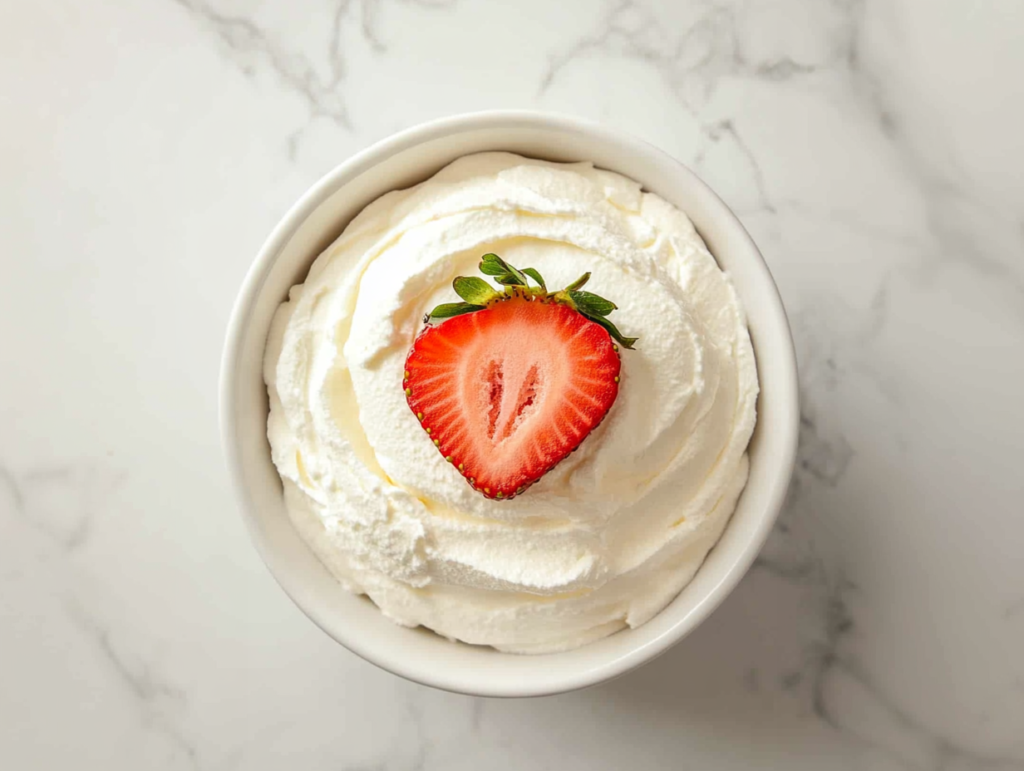 This image shows a creamy Strawberry Icebox Cake served in a round white bowl, topped with a half-cut strawberry for an extra burst of fruity flavor.