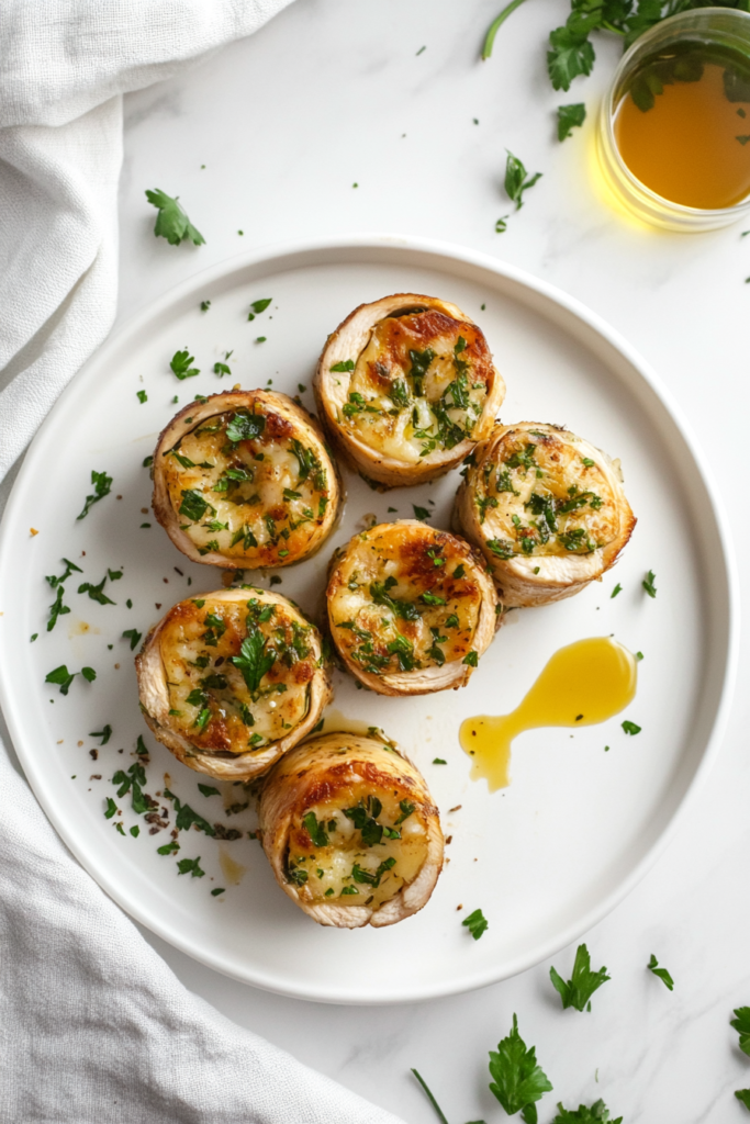 This image shows tender stuffed chicken rolls arranged on a white round plate, garnished with freshly chopped cilantro for a burst of color.