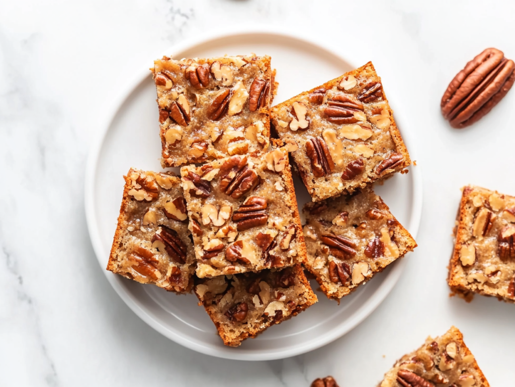 A plate of Sweet Alabama Pecan Bread, cut into square pieces with visible pecans, arranged neatly on a white round plate.