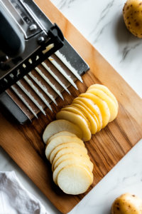 This image shows a sharp knife cutting potatoes into thin, even slices, essential for creating the signature layers in this crispy dish.