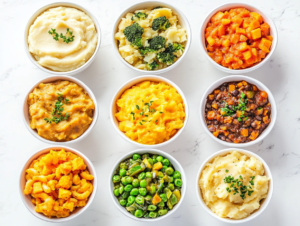 This image shows the top 10 Crockpot side dishes arranged on a white marble counter, each served in separate white bowls. The selection includes vibrant Orange Spice Carrots, creamy Vegan Slow Cooker Potato Au Gratin, rich Scalloped Taters, fluffy Slow Cooker Buttermilk Mashed Potatoes, and zesty Crockpot Sriracha Corn, creating a colorful and appetizing spread.