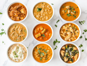 This image shows an assortment of the top 10 crockpot chicken meals, each served in separate white bowls on a white marble countertop. Dishes include stuffed chicken rolls, maple mustard chicken, crockpot chicken noodle soup, hearty chicken enchiladas, Indonesian peanut chicken, and more.