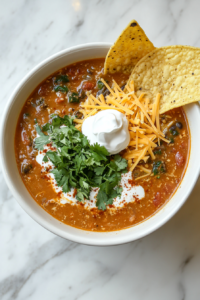 This image shows a bowl of taco soup garnished with a dollop of sour cream, shredded cheese, and tortilla chips, making for a delicious and visually appealing dish.