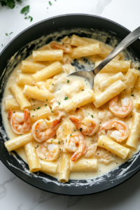 This image shows a beautifully plated serving of creamy shrimp rigatoni, garnished with freshly grated Parmesan and herbs, ready to be enjoyed.