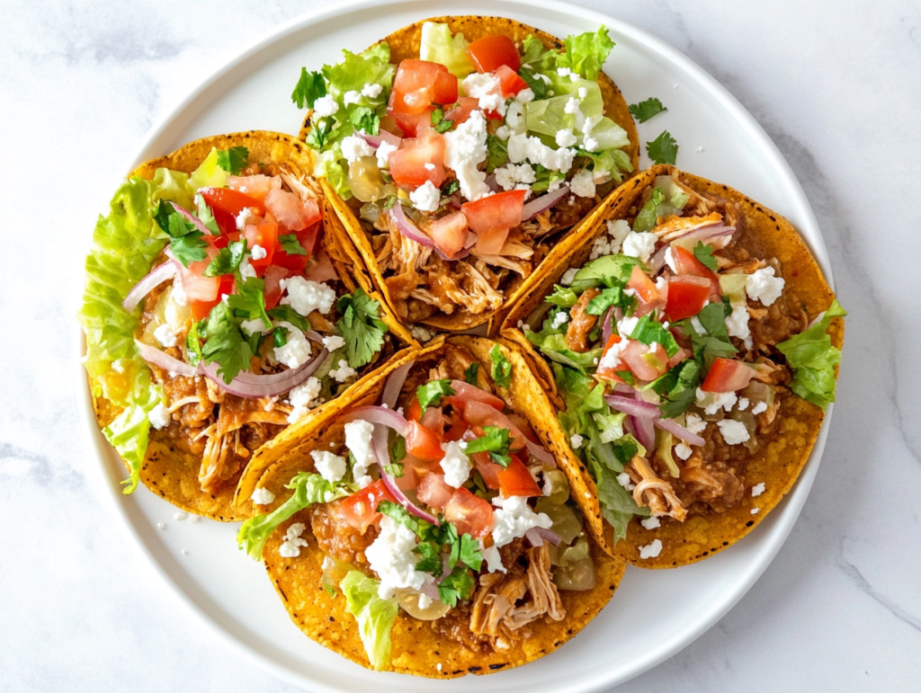 This image shows crispy Tostadas de Pollo topped with shredded lettuce, juicy tomato slices, and vibrant pickled onions, creating a flavorful and satisfying dish.