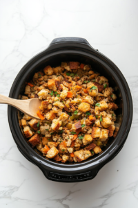 This image shows the stuffing mixture being carefully transferred into the slow cooker, ready for slow cooking and to absorb all the flavors.