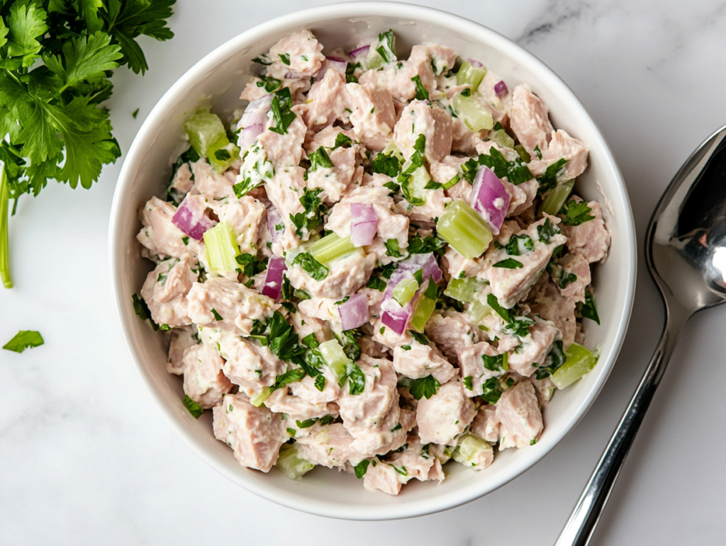 This image shows a fresh tuna salad served in a white bowl, seasoned with salt, pepper, and a squeeze of lemon juice for brightness.