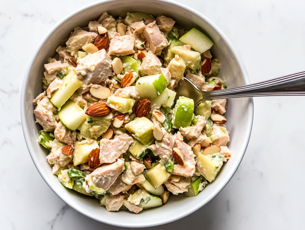 This image shows a refreshing tuna salad with apples, enriched with chopped avocados and almonds, served in a white bowl, ready to be enjoyed with any meal.