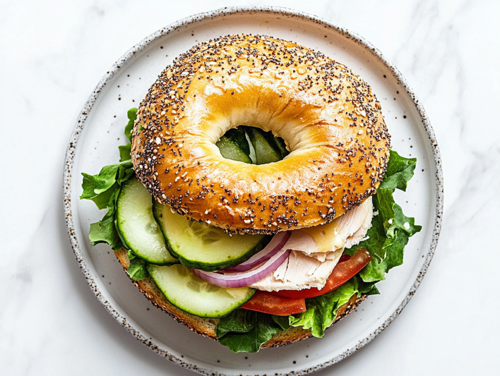 This image shows a delicious turkey bagel sandwich with layers of lettuce, turkey, cheese, tomato, cucumber, banana peppers, and red onion on one half, topped with the other bagel half sprinkled with sesame seeds, creating a flavorful and satisfying meal.