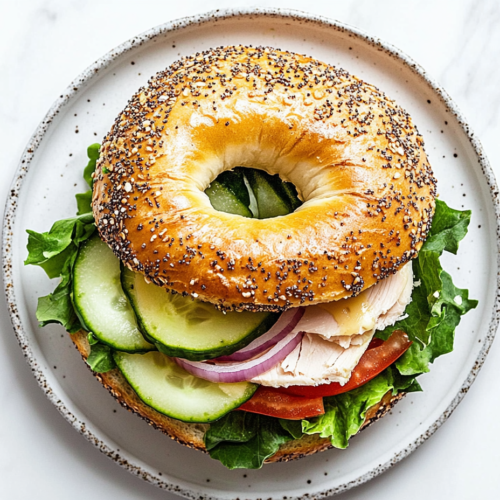 This image shows a delicious turkey bagel sandwich with layers of lettuce, turkey, cheese, tomato, cucumber, banana peppers, and red onion on one half, topped with the other bagel half sprinkled with sesame seeds, creating a flavorful and satisfying meal.