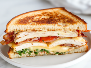 This image shows a turkey melt sandwich with golden, crispy bread, layered with sliced turkey, melted cheese, and fresh vegetables, served warm and ready to enjoy.