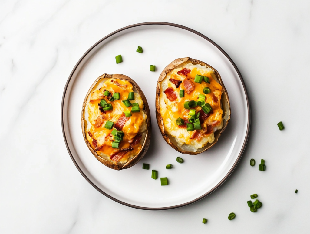 This image shows twice-baked potatoes cut in half, topped with gooey melted cheese, crispy bacon bits, and freshly chopped spring onions for a flavorful finish.