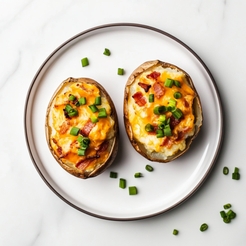 This image shows twice-baked potatoes cut in half, topped with gooey melted cheese, crispy bacon bits, and freshly chopped spring onions for a flavorful finish.