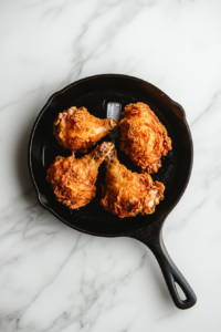 This image shows a thermometer checking the internal temperature of fried chicken to ensure it’s perfectly cooked.