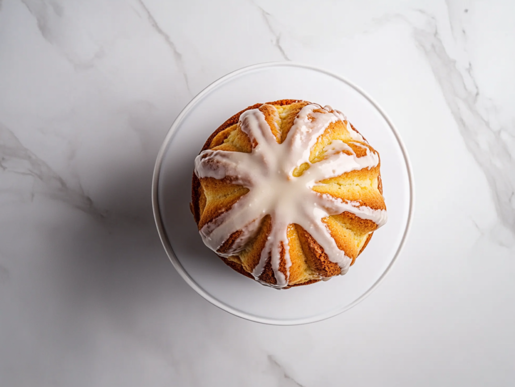 This image shows a round Vanilla Buttermilk Pound Cake with a golden-brown crust, drizzled with a luscious cream cheese glaze, sitting on a round white plate for an extra rich and flavorful touch.