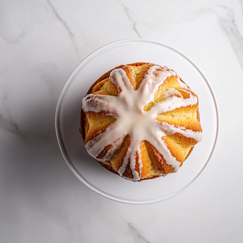 This image shows a round Vanilla Buttermilk Pound Cake with a golden-brown crust, drizzled with a luscious cream cheese glaze, sitting on a round white plate for an extra rich and flavorful touch.