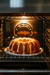 This image shows the cake baking in the oven, rising and turning golden brown as it bakes to perfection.