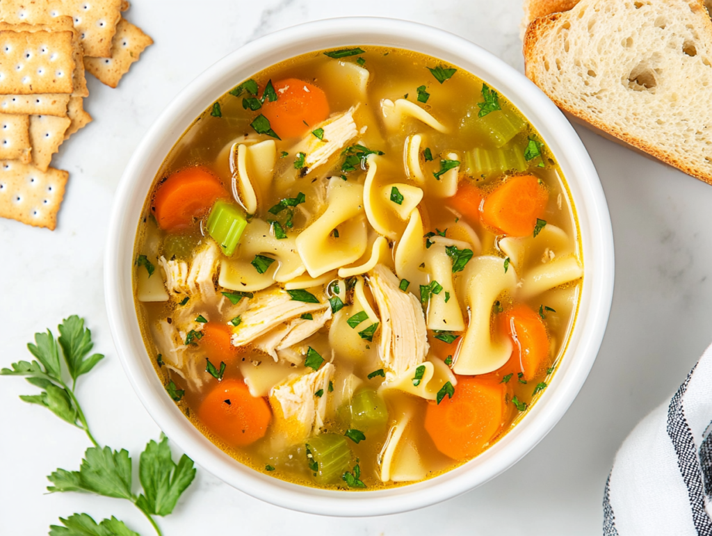 This image shows a comforting bowl of vegan chicken noodle soup filled with tender noodles, carrots, and broth, served with bread and crackers on the side.