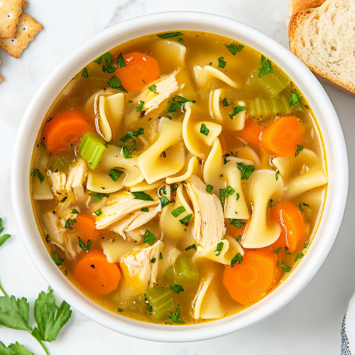 This image shows a comforting bowl of vegan chicken noodle soup filled with tender noodles, carrots, and broth, served with bread and crackers on the side.