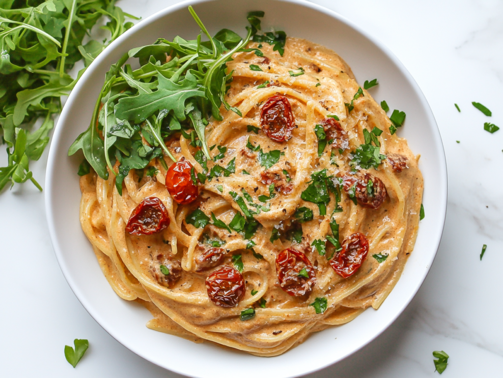 This image shows a plate of creamy vegan sun-dried tomato pasta, coated in a rich white sauce with sun-dried tomato flavor, served in a white round plate.