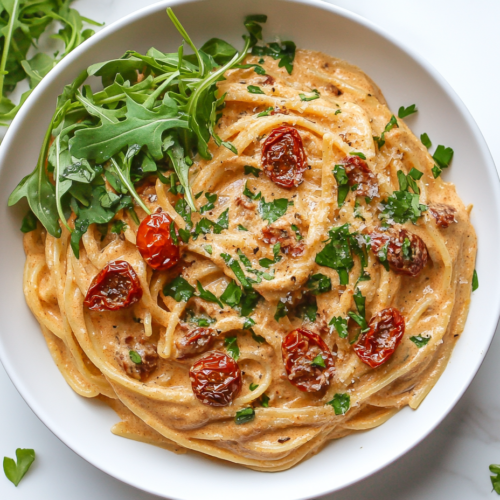 This image shows a plate of creamy vegan sun-dried tomato pasta, coated in a rich white sauce with sun-dried tomato flavor, served in a white round plate.