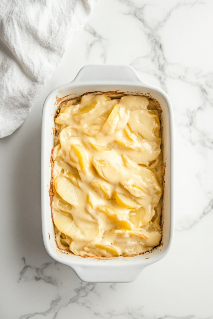 This image shows creamy vegan potato au gratin made with tender cooked cauliflower florets, layered beautifully in a white rectangular dish.