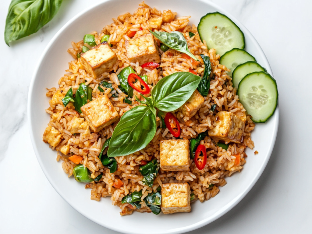 A bowl of vegetarian Thai basil fried rice topped with fresh chopped basil, cilantro, and creamy avocado pieces, served in a white dish.