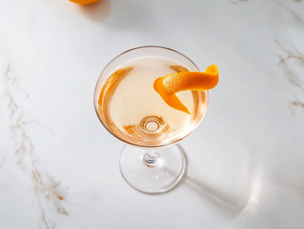 This image shows a Vesper cocktail served in a pre-chilled glass, elegantly garnished with a fresh orange slice for a refined presentation.