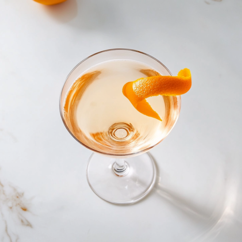 This image shows a Vesper cocktail served in a pre-chilled glass, elegantly garnished with a fresh orange slice for a refined presentation.