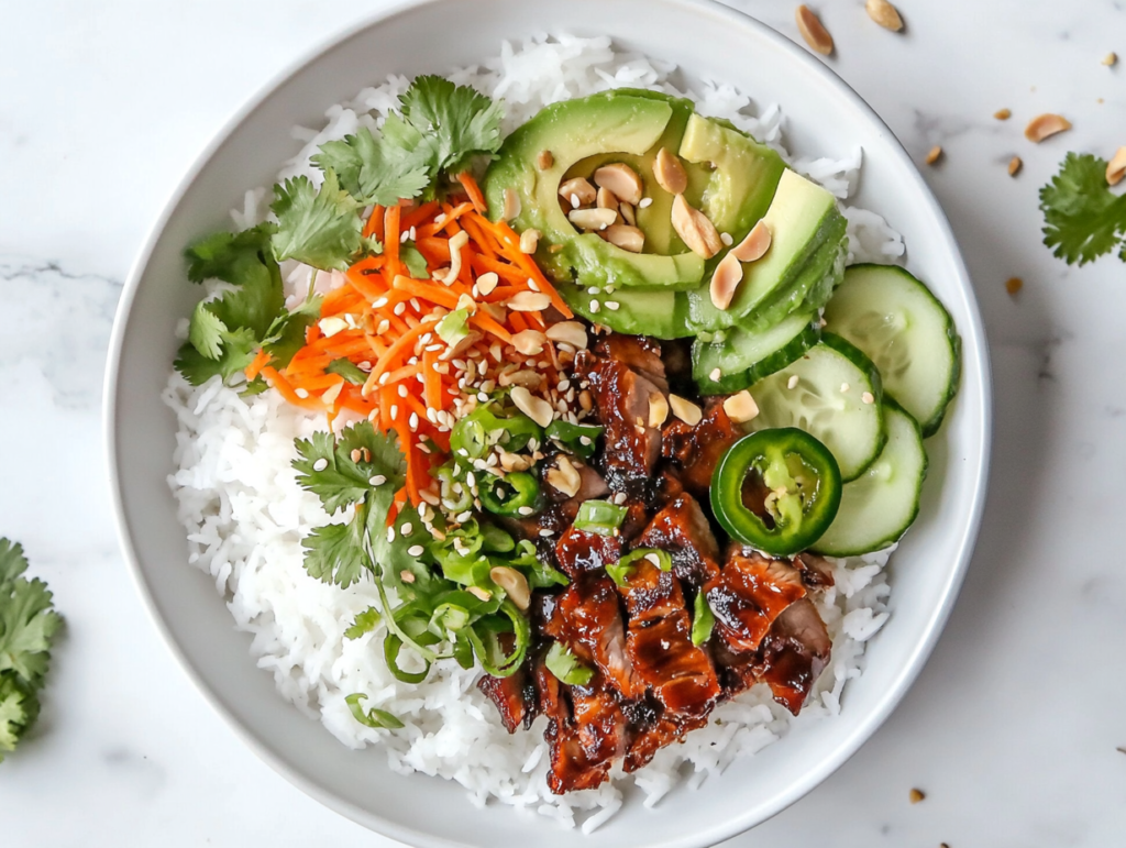 vietnamese-rice-bowls-with-avocado-sesame-topping-and-shredded-carrots