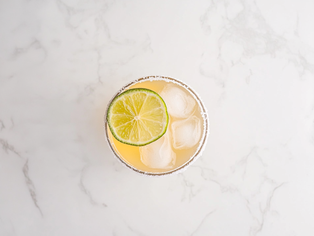 This image shows a refreshing vodka margarita served in a chilled glass filled with ice, garnished with a slice of lemon, and ready to be enjoyed.