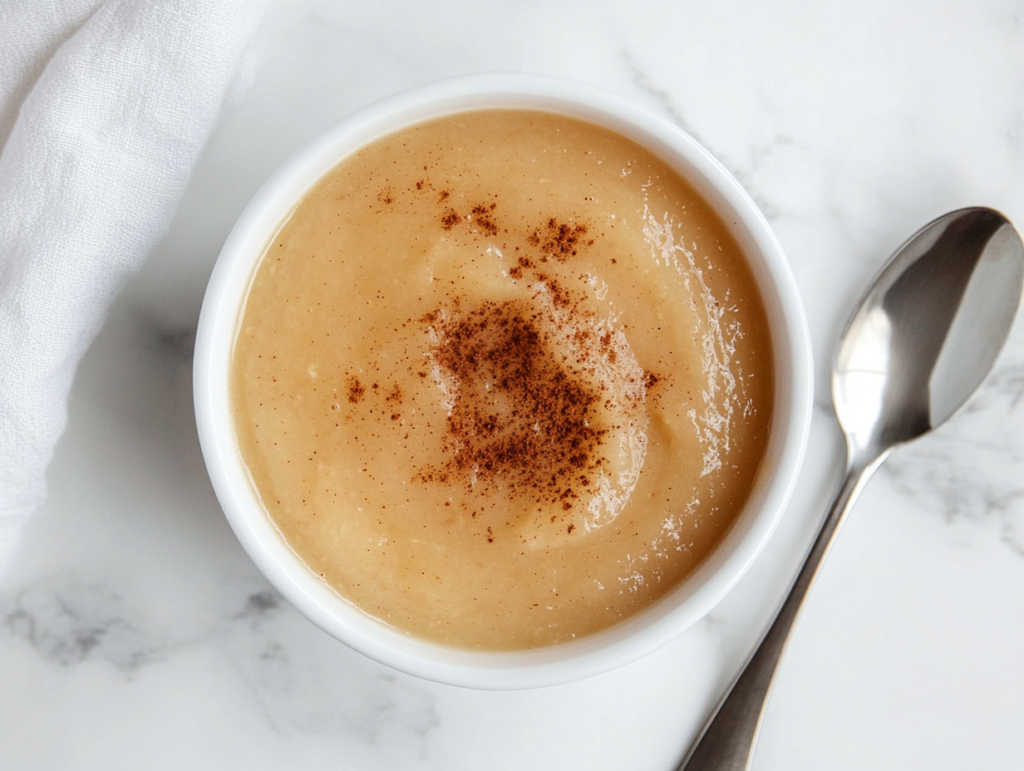 This image shows a bowl of homemade applesauce, golden and smooth, sprinkled with ground cinnamon, served in a white bowl with a spoon on the side.