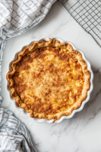 This image shows a crustless apple pie straight out of the oven, beautifully golden and filled with tender apples and toasted pecans.