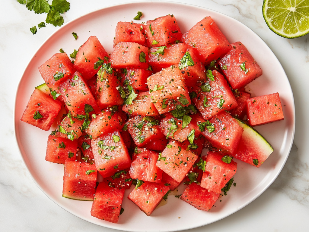 This image shows fresh watermelon slices sprinkled with Tajín seasoning, topped with a squeeze of lemon juice and a fresh mint leaf for an extra burst of flavor and freshness.